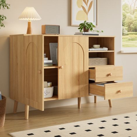 Buffet armoires cintrées, poignées et pieds en bois massif, avec 2 portes, 2 tiroirs et 2 niches ouvertes, spacieux et polyvalent. Parfait pour séjour, salle à manger ou entrée. (1/5)