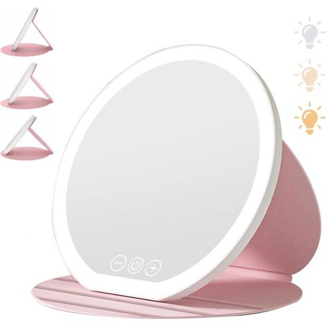 Specchio per il trucco pieghevole a LED da 22 cm, specchio da tavolo portatile con illuminazione, specchio da viaggio pieghevole, specchio da trucco a LED con touchscreen (rosa) (1/4)