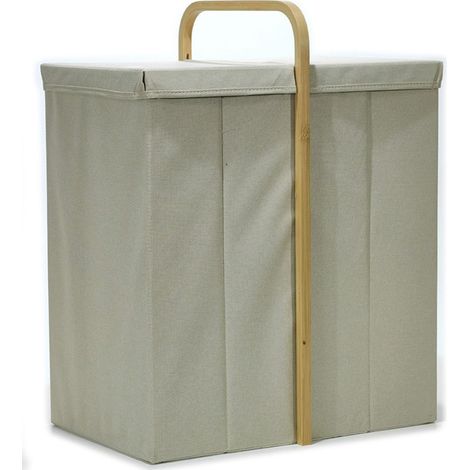 Cesta Portabiancheria Ordinet Pieghevole 2 Scomparti in tessuto con manico in Legno di Bambù, Cesto Lavanderia Salvaspazio con Coperchio per Giochi e Vestiti, L50xP36xH65cm, Beige (1/4)