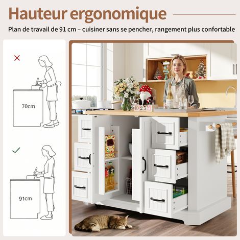 Compartiment de cuisine mobile, armoire à couteaux, chariot de cuisine avec 2 portes et 6 tiroirs. Conçu pour être déplacé. Dimensions : 120x45(75)x91 cm. Couleur : blanc/noir (1/5)
