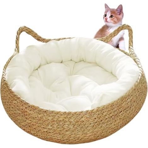 Lit de Panier de Chat, nid de Chat tissé de 15 Pouces avec Coussin Doux, Lits de Chat à l'épreuve des Rayures Rondes pour Chats intérieurs, Lits de Chaton pour Chatons intérieurs (1/5)