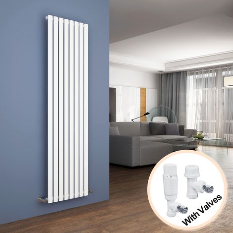 ELEGANT Vertical Radiator 1800 x 472mm Double Panel Designer White Oval Column Heating Rad with White Thermostatic Radiator Valves (1/5)
