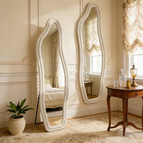Miroir Mural Miroir Sur Pied 160 x 50 cm - Cadre en Velours - Miroir Vague - Forme Irrégulière - Grand Miroir Asymétrique - Deco Chambre - Blanc