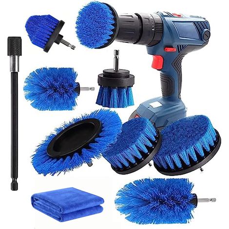 9 Pièces Brosse Nettoyage pour Perceuse - Voiture, Jantes, Carrelage, Tapis, Baignoire, Cuisine, Toilettes, Sol - Bleu (1/5)