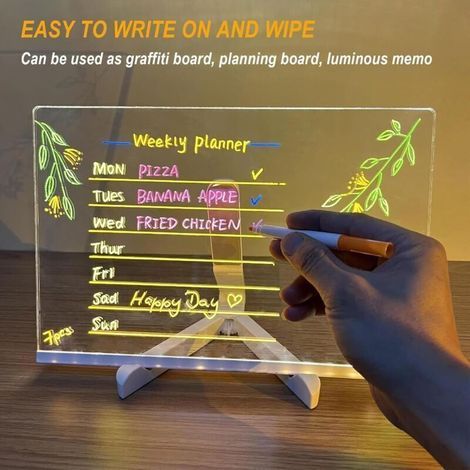 Tableau Acrylique Lumineuse Message LED, Tableau D'Affichage LED avec Couleurs, Led Message Board, Tableaus D'écriture LED, Essuyable, avec Autocollant de Transfert, pour Enfants, Fille- (1/3)