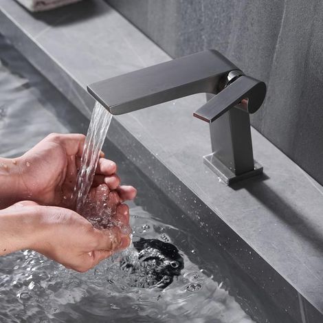 Robinet mitigeur de salle de bain moderne en laiton, mitigeur cascade monocommande, finition grise, à poignée unique. (1/5)