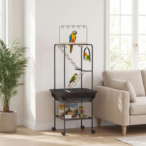 Parque de Juegos de Pájaros con Ruedas Escaleras Columpio Protector de Semillas Bandeja Comederos Perchas 63x63x163 cm (1/5)