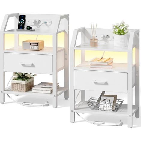 Mesita de noche - Juego de 2 - Tomas y puertos USB - Banda LED - 1 cajón de tela (blanco)