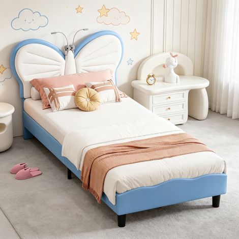 lit enfant90x200cm, Lit simple, Sommier à Lattes, Tête de lit papillon réglable, lampe de lecture LED, Lit 1 place, velours+PU, Bleu (1/5)