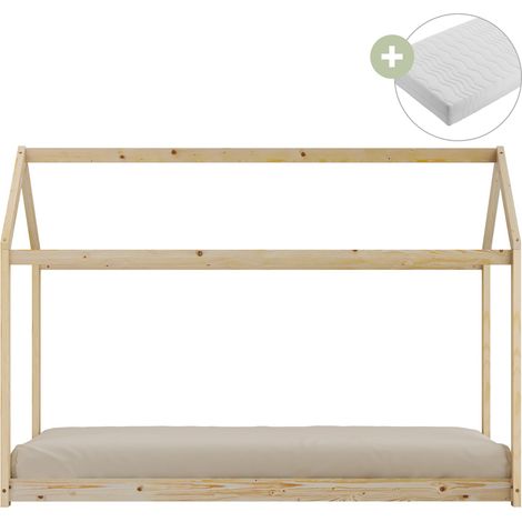 Sunny Zoey Lit Cabane En Bois, Beige Au Sol, Pour Enfant - Matelas Hybride 90 X 200 Inclus - Montessori Dimensions Totales: 206 X 98 X 154 Cm (1/5)
