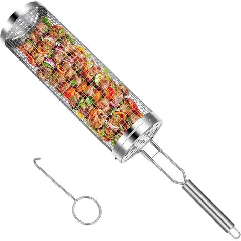 Panier à griller à roulettes avec poignée amovible, en acier inoxydable, pour barbecue, accessoire de barbecue (petit modèle) (1/5)