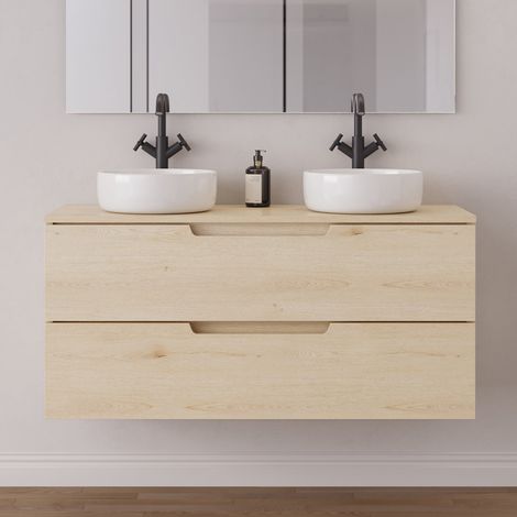 Meuble de salle de bain 120cm avec plateau et 2 vasques à poser rondes - 2 tiroirs - sans miroir - roble calima (bois clair) - SONRIZA (1/5)
