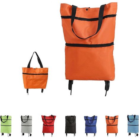 Chariot de courses pliable à roulettes 2 en 1 sac fourre-tout portable en tissu Oxford orange pour courses laverie et voyages (1/5)