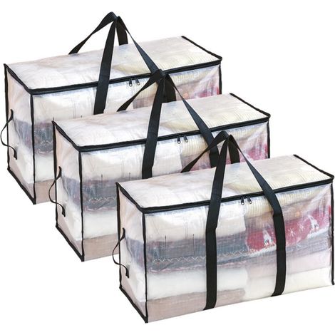 Juego de 3 bolsas de almacenamiento transparentes con asas, organizador de armario con cremallera para ropa de cama, edredones, ropa y colchas (95 L) (1/5)
