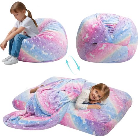 Pouf poire pour enfants se transforme en pouf, fauteuil poire pour enfant fille et garçon, lit - Canapé pour enfants paresseux avec rembourrage - 75 x 75 x 47 cm, licorne lumineuse (1/5)