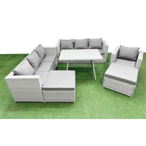 Fimous Outdoor Rattan Garden Furniture Dining Set 9-seater Patio Rectangular Table 3 Seater Sofa Armchair Set with 2 Big Stools (1/4)