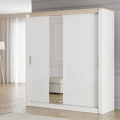 Kleiderschrank 2 Türen, Lunenb, Schlafzimmer 5 Regalböden, Kleiderstange, Schiebetür, 199x217h cm Weiß Matt (1/5)