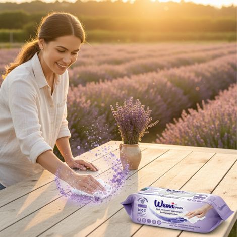 Toallitas limpiadoras universales Wewi con aroma a lavanda, 100 unidades.