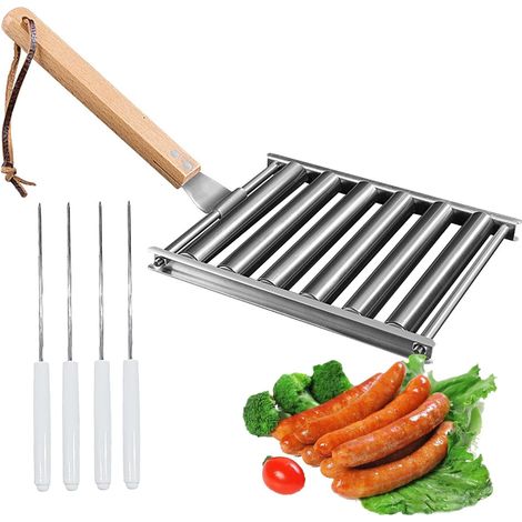 JSSEVN - Hot Dog Roller for Grill, Stainless Steel Sausage Holder, Even Cooking of Hot Dogs, 4 Skewers Included, 5 Hot Dog Capacity (1/5)