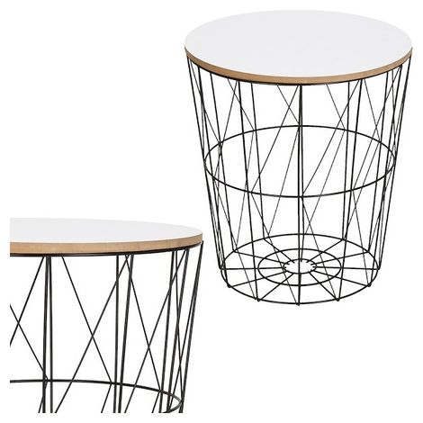 Tavolino da caffè loft, cesto metallico industriale 45 cm nero, piano bianco.