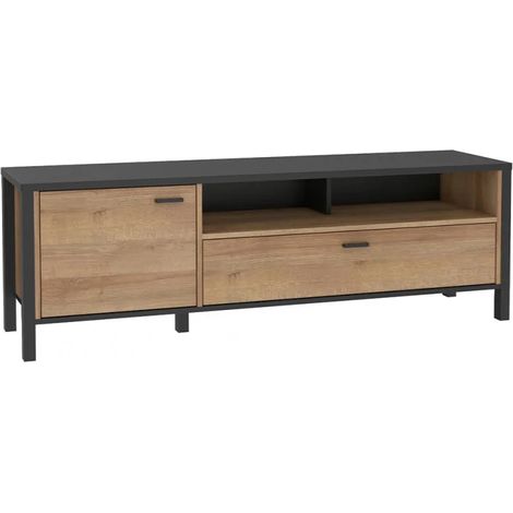 Meuble TV 151 cm décor noir et effet chêne avec poignées noir - MODE (1/5)