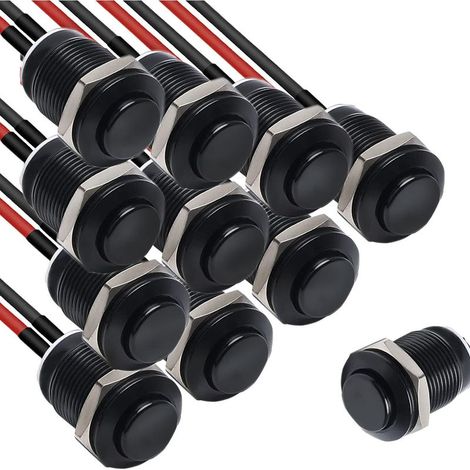Lot de 10 boutons poussoirs étanches 12 mm en métal - Acier inoxydable - 12 V - Pour klaxon, sonnette, voiture - Mini bouton poussoir rond (tête haute) - Noir (1/5)