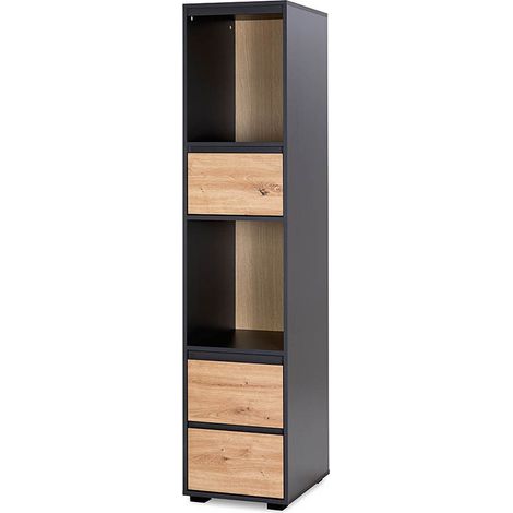 Monmobilierdesign – Meuble colonne avec 2 niches de rangement et 3 tiroirs – Dimensions L 48 x P 52 x H 183 cm – Style urbain Anthracite/Chêne