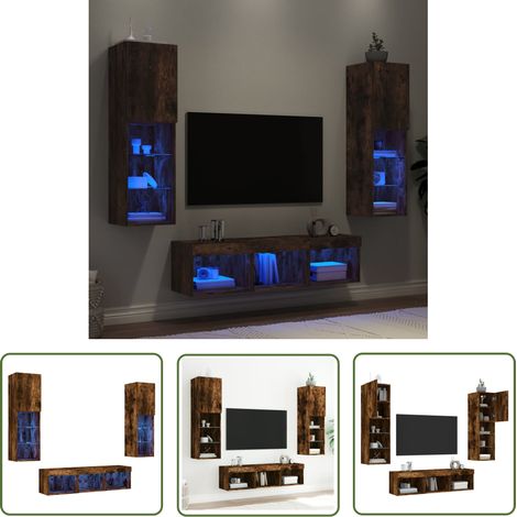 The Living Store 5-tlg. Wohnwand mit LED-Beleuchtung Räuchereiche Holzwerkstoff - TV Möbel - Holzregal - Regal - Wohnwand - Fernsehschrank
