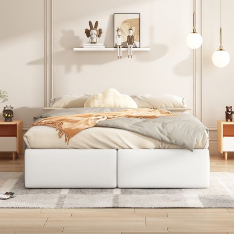 Lit plateforme rembourré 140/200 cm blanc en tissu avec rangement hydraulique et 2 tiroirs (1/5)