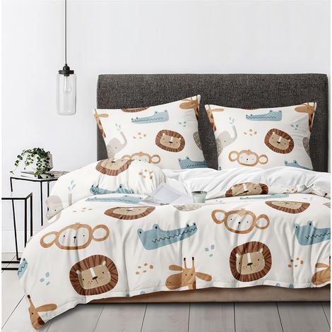 Parure de lit douce avec housse de couette 135 x 200 cm et 1 taie d'oreiller 80 x 80 cm pour enfant Motif lion girafe éléphant crocodile Beige (1/5)
