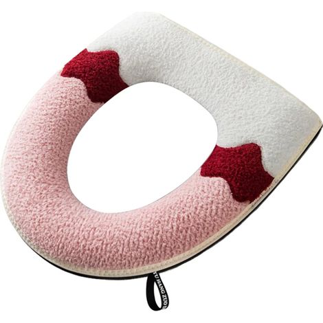 Housse de siège de toilette ultra-douce et chaude, coloris hivernal, fermeture éclair assortie, tapis de lavabo avec poignée pour usage hôtelier, rose (1/2)