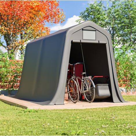 Gartenunterstand 366x213x225 cm aus PE in Grau mit Rolltor für Motorrad und Werkzeuge – MEUBLIV (1/5)