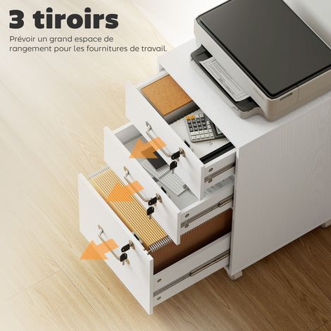 Caisson de Bureau Mobile avec 3 Tiroirs Verrouillables, Caisson de Rangement sur Roulettes, 40 x 40 x 69,5 cm, Blanc (1/5)