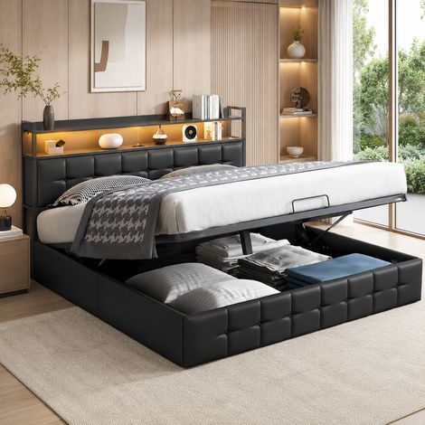 Lit double adulte 160 x 200 cm avec LED réglable et chargement USB - Cuir synthétique (PU) - Noir - Style industriel vintage - Tête de lit avec rangement (1/5)