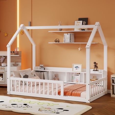 Letto a castello 90/200 cm bianco in pino con tetto a casetta, sponde di sicurezza e ripiani (1/5)