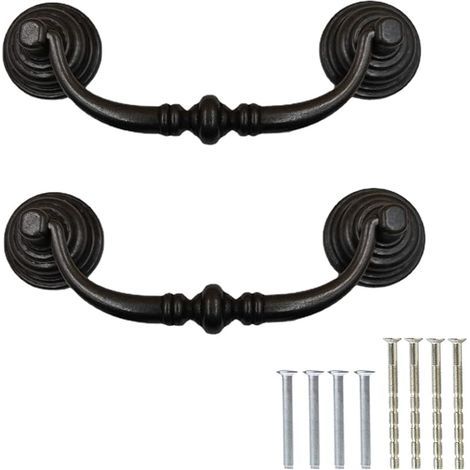 Lot de 2 poignées de tiroir vintage, boutons à anneau anciens avec vis, kit universel de 14 cm, pour portes d'armoire, pour chambre à coucher, salle de bain, cuisine, [fer noir] (1/5)