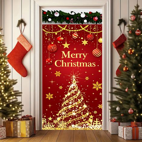 Nouvelle décoration de porte de Noël, motif Père Noël, pour jardin, cour ou extérieur - 90 x 180 cm (perforée + ruban) - 33
