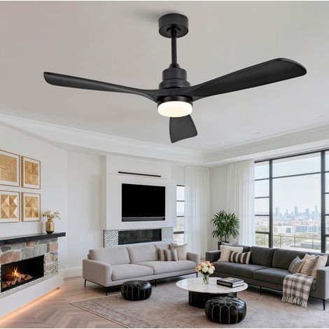 Ventilateur de plafond 52 pouces en bois massif, 3 pales, LED dimmable, télécommande, 6 vitesses, noir (1/5)