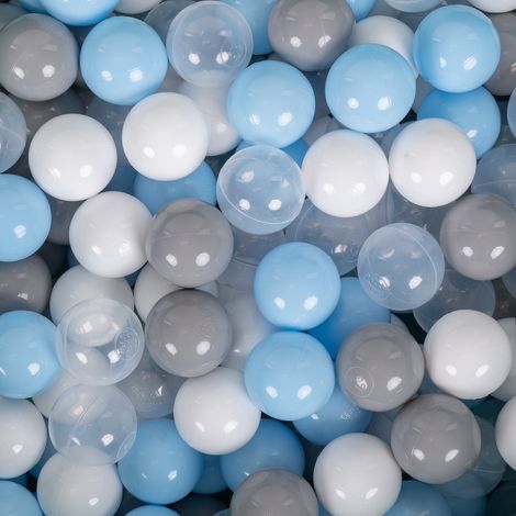 Palline di plastica KiddyMoon da 7 cm, grigio-bianco-trasparente-azzurro, set da 200 palline giocattolo (1/2)
