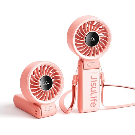 Ventilador portátil de mano con pantalla LED [13 horas de enfriamiento máximo] 3600 mAh, plegado a 150°, 5 velocidades, cordón ventilador 3 en 1 para mano, escritorio y cuello - Rosa (1/5)