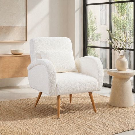 Poltrona in pile con cuscino lombare e gambe in metallo, bianco crema HAVRYA (1/5)