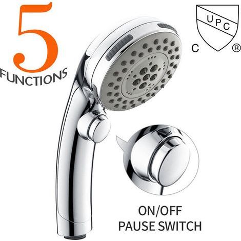 Ulisem Pommeau de Douche Chromé avec Bouton Stop, Douchette à Main 5 Jets au Choix, Picots Anticalcaires. (1/5)