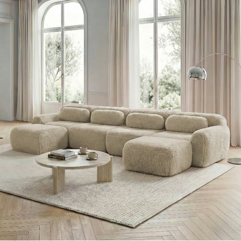 Canapé modular en tejido afelpado caqui claro, sin montaje, configurable en U o L, 2-4 plazas (1/5)