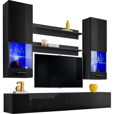 Extreme Furniture, Système mural Fly, (LxHxP): 200 x 195 x 41.5, Carcasse en Noir Mat, Façades en Noir Brillant, sans LED (1/3)