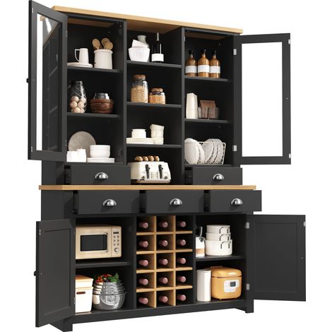 Mehrzweck-Hochschrank für Zuhause mit Kippschutz, Standschrank für Küche und Wohnzimmer mit Glastür, Metallgriffen und Soft-Close-Funktion, herausnehmbares Weinregal, Schwarz