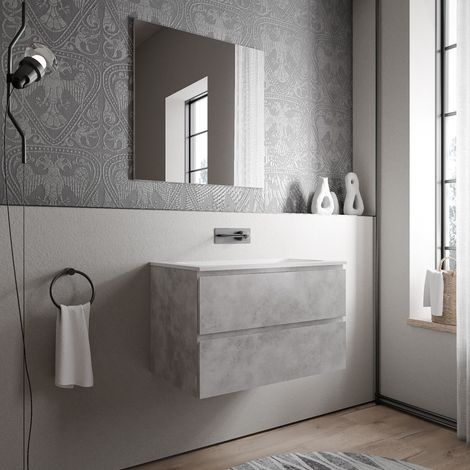 BERNSTEIN - Mobile lavabo sospeso MDF effetto cemento, lavabo Ghisa bianco opaco senza foro rubinetto - 80x46x50cm - AVA CREAM	Calcestruzzo, Bianco opaco senza foro rubinetto