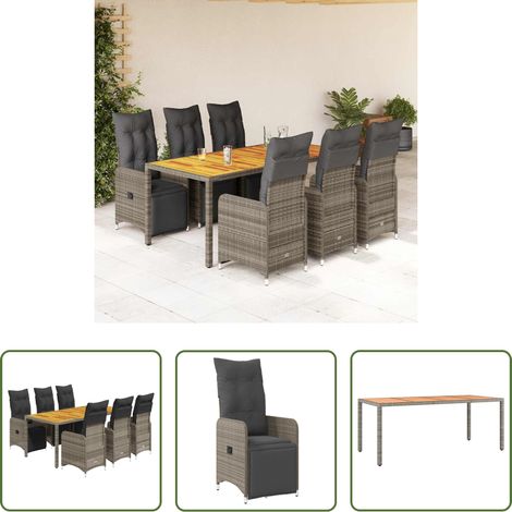 Gartentisch - 7-tlg. Garten-Bistro-Set mit Kissen Grau Poly Rattan (1/5)