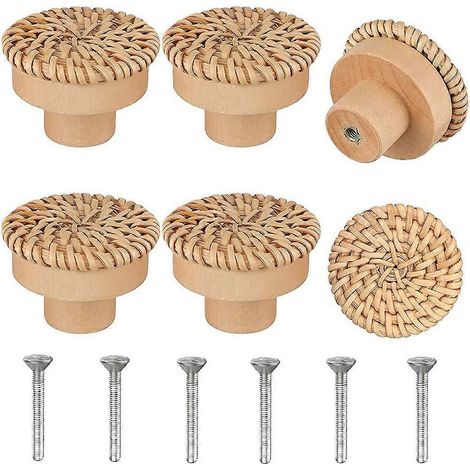 Kommodeknöpfe aus böhmischem Rattan, runde, handgeflochtene Schubladenknöpfe aus Holz inklusive Schrauben (6er-Set). (1/5)