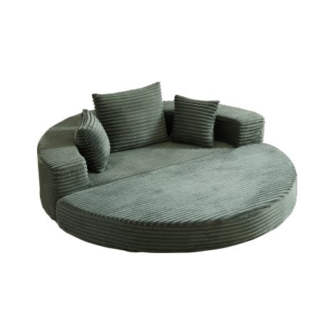 Un canapé-lit deux-en-un polyvalent, idéal pour les petits espaces, qui peut servir à la fois de canapé semi-circulaire et de méridienne ronde. Les accoudoirs sont dotés de poches en tissu. (1/5)