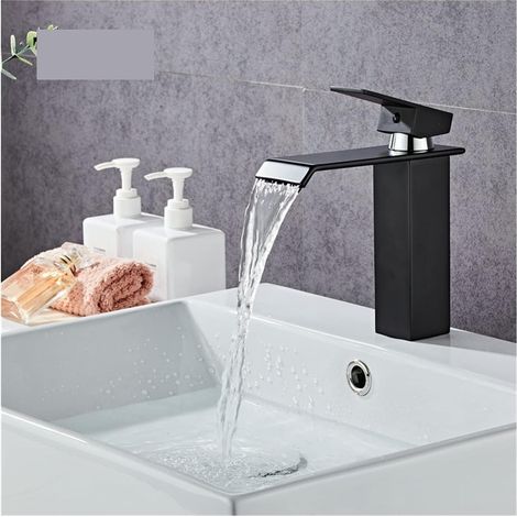 Rose Gold Salle de Bain Fauce Solide en Laiton Salle de Bain Robinet Robinet Robinet Robinet Robinet Robinet Robinet Simple Poignée Single Poignée Tape montée sur Pont(Style 2 Black Short) (1/5)